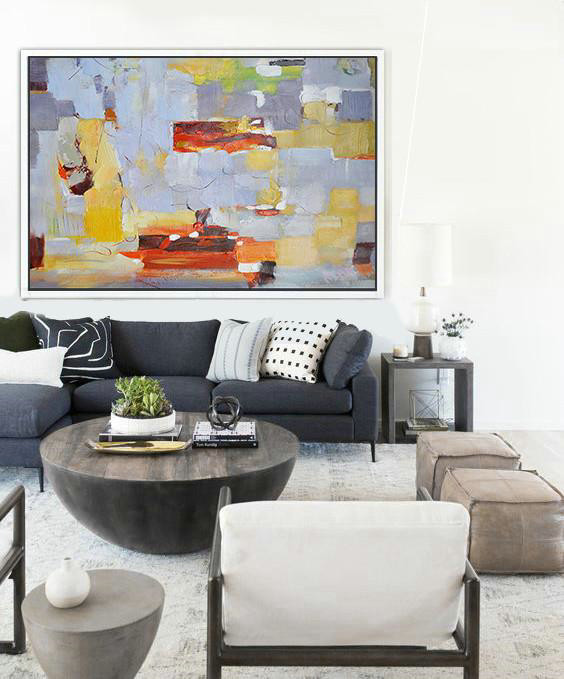 Handmade Painting Large Abstract Art,Oversized Horizontal Contemporary Art,Hand Paint Abstract Painting,Grey,Red,Yellow.etc